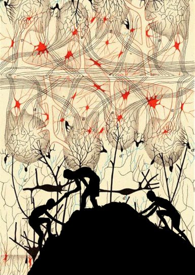 Drie silhouetten werken samen op een heuvel, omringd door abstracte, kleurrijke elementen.